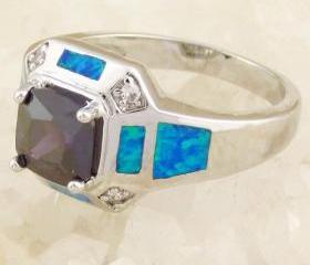 size 7 Purple Amethyst with Blue Fire Opal Silver Gemstone Ring 